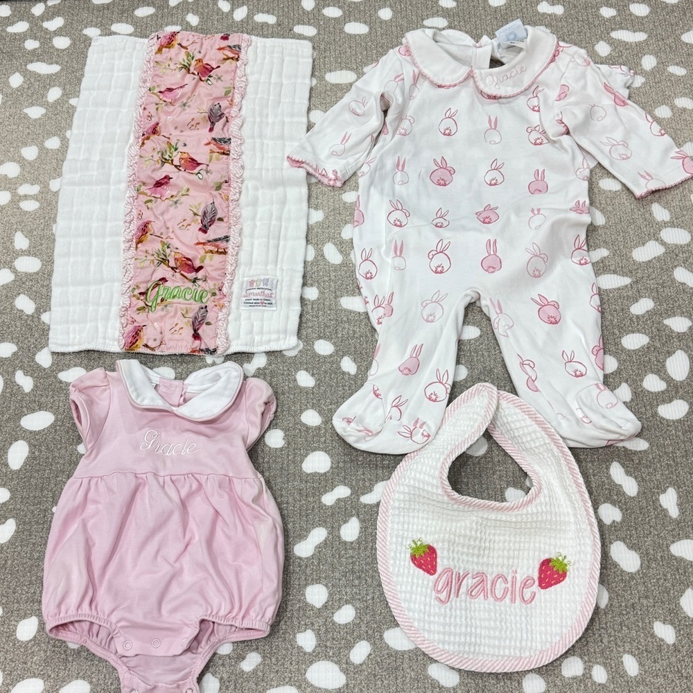 Gracie monogrammed bundle lot baby girl embroidered coverall bubble pima collar